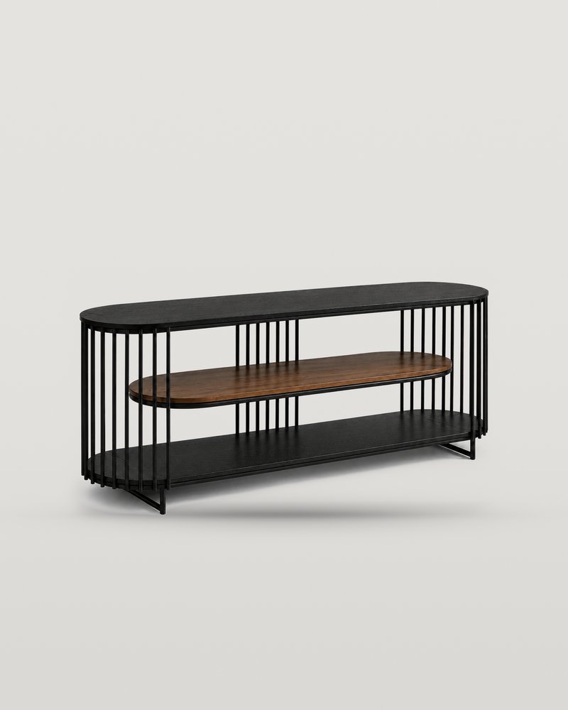 Centro de TV Loretta: mueble ovalado de acero negro con barras verticales y repisa central de parota, sobre fondo hueso