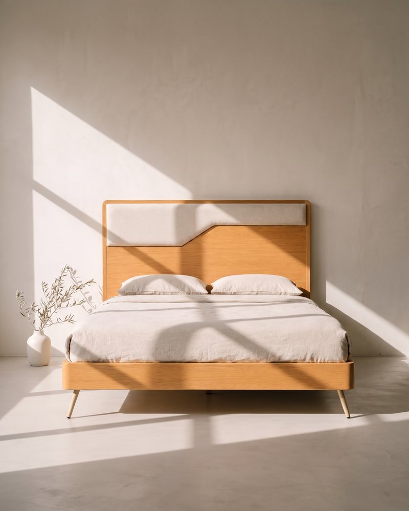 Cama Kai en la galería MEDEISA: muro de yeso hueso, luz rasante de tarde y un jarrón con una rama de olivo
