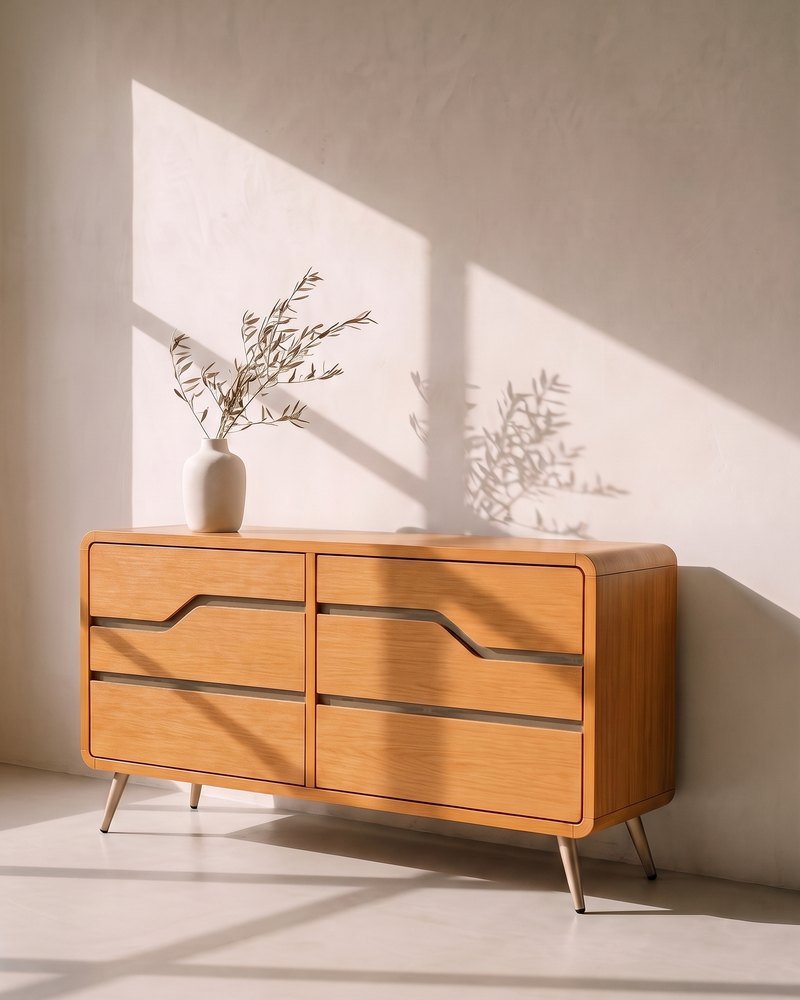 Cómoda Kai en la galería MEDEISA: muro de yeso hueso, luz rasante de tarde y un jarrón con una rama de olivo