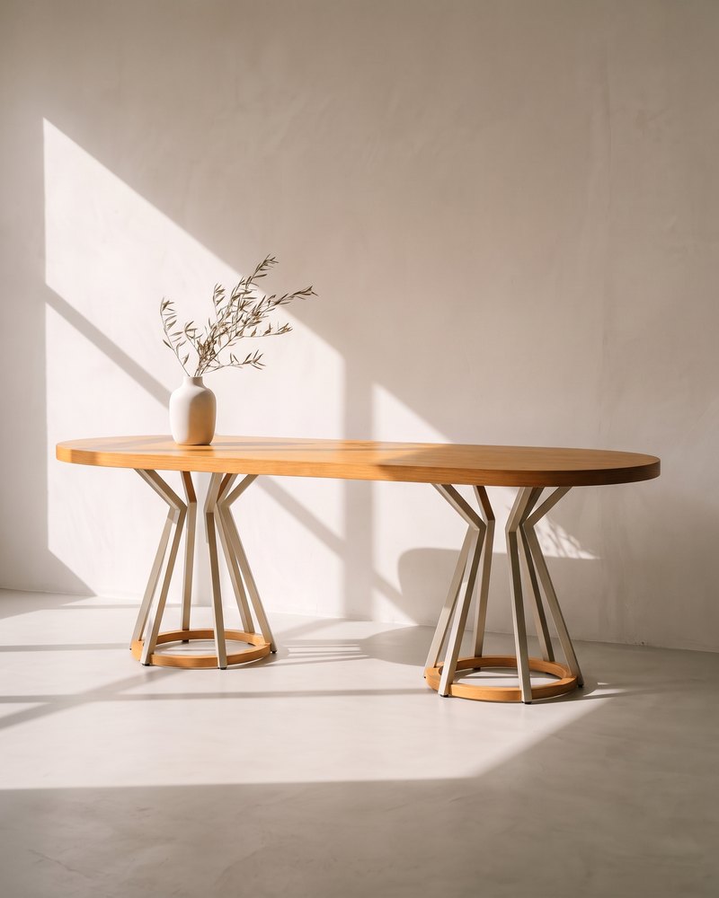 Mesa de comedor Kai en la galería MEDEISA: muro de yeso hueso, luz rasante de tarde y un jarrón con una rama de olivo