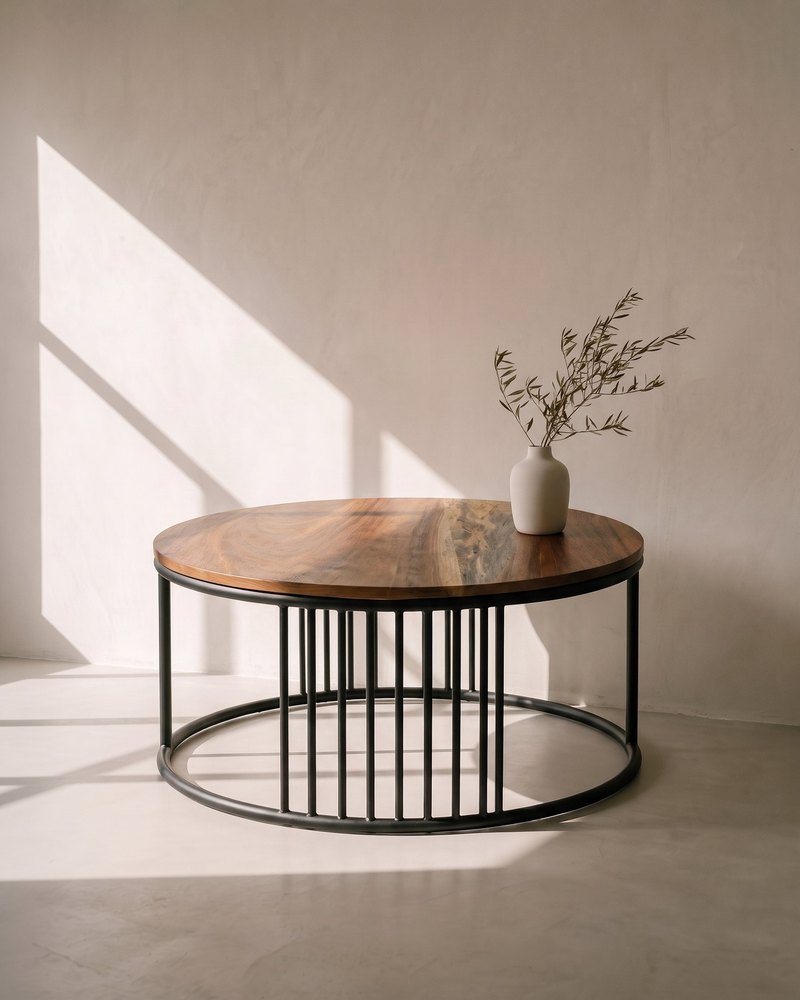 Mesa de Centro Loretta con un jarrón de ramas secas al centro, en una galería de yeso hueso con luz rasante de tarde