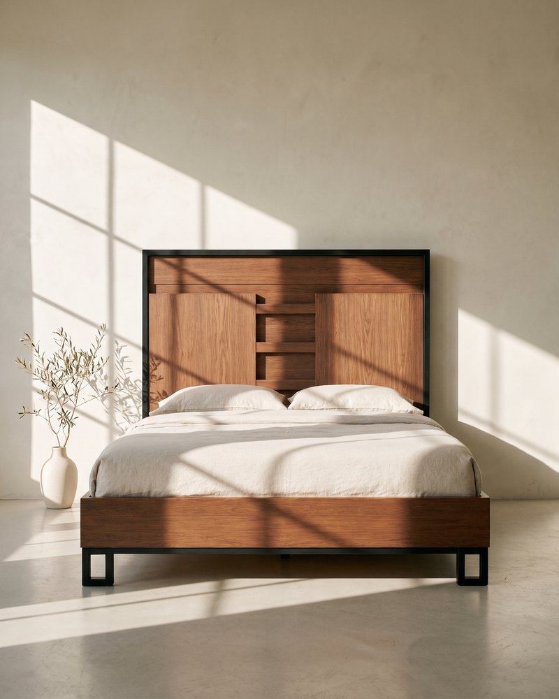 Cama Nexo en la galería MEDEISA: muro de yeso hueso, luz rasante de tarde y un jarrón con una rama de olivo