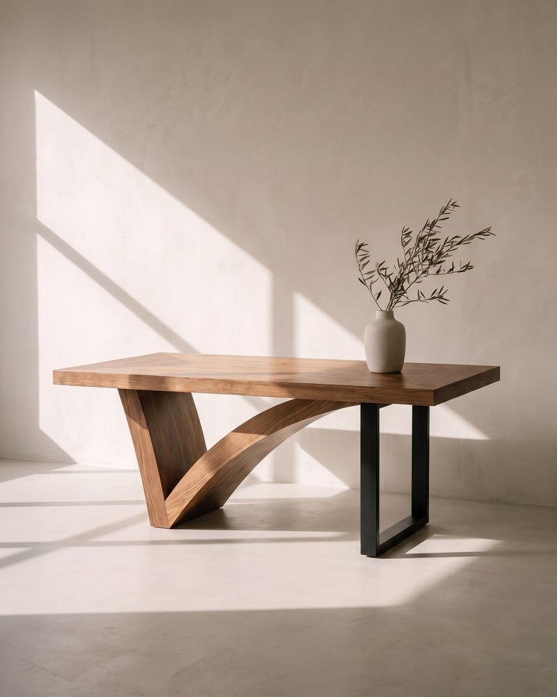 Mesa de centro Nexo en la galería MEDEISA: muro de yeso hueso, luz rasante de tarde y un jarrón con una rama de olivo