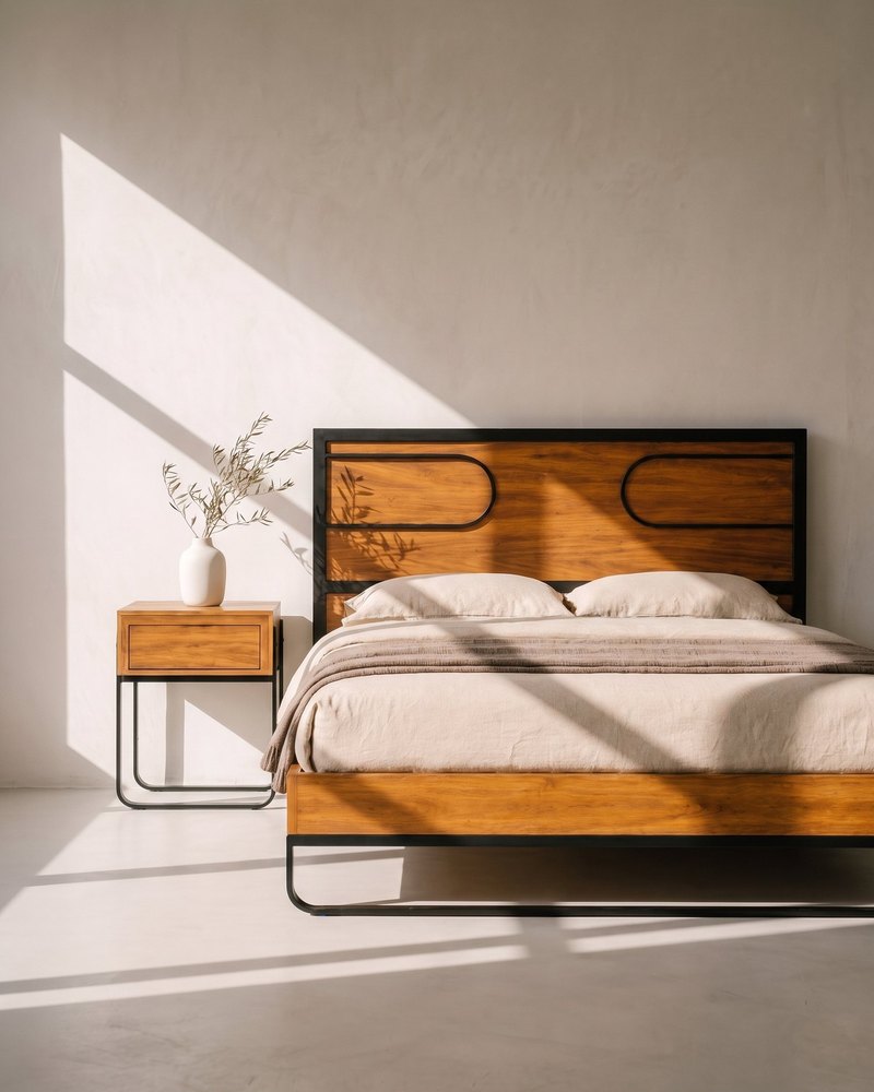Recámara Concepto con ropa de cama clara y su buró con un jarrón de ramas secas, en una galería de yeso hueso con luz de tarde