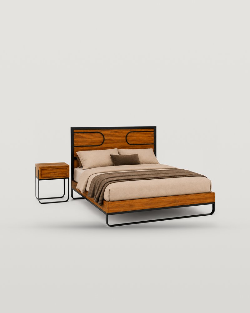 Recámara Concepto: cama con cabecera de chapa de madera y marco de acero negro con dos óvalos, y un buró a juego, ambos sobre patines de acero negro, sobre fondo hueso