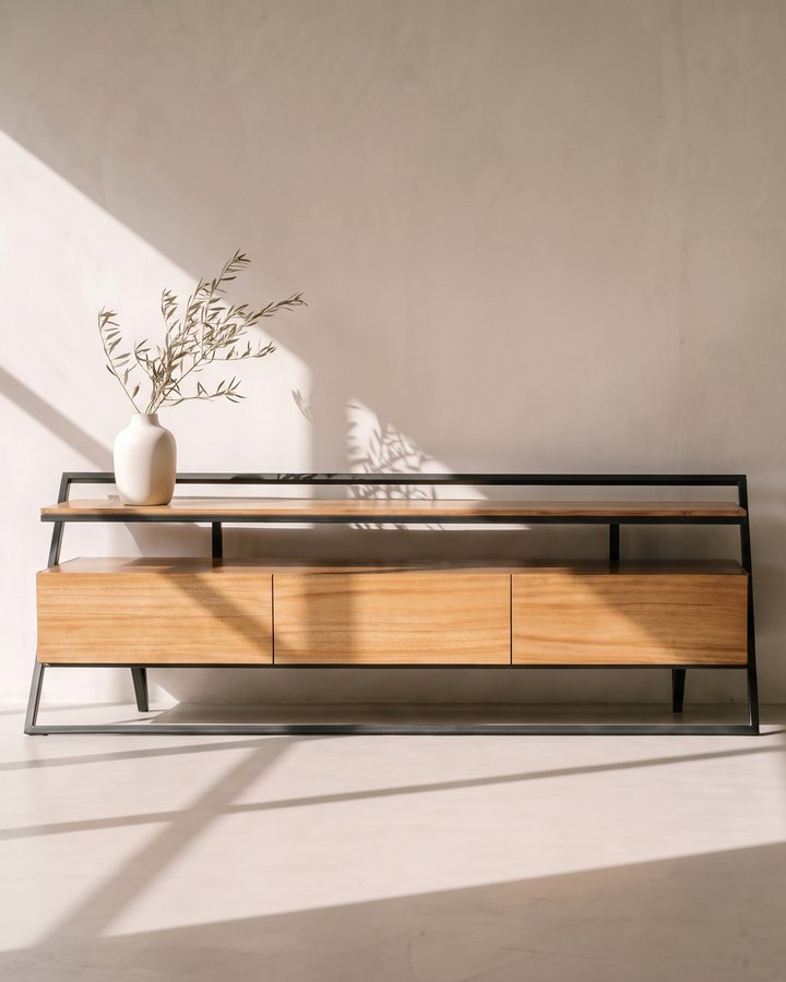 Piezas de la colección Industrial, de acero negro y parota, en la galería MEDEISA con muro de yeso hueso y luz rasante de tarde